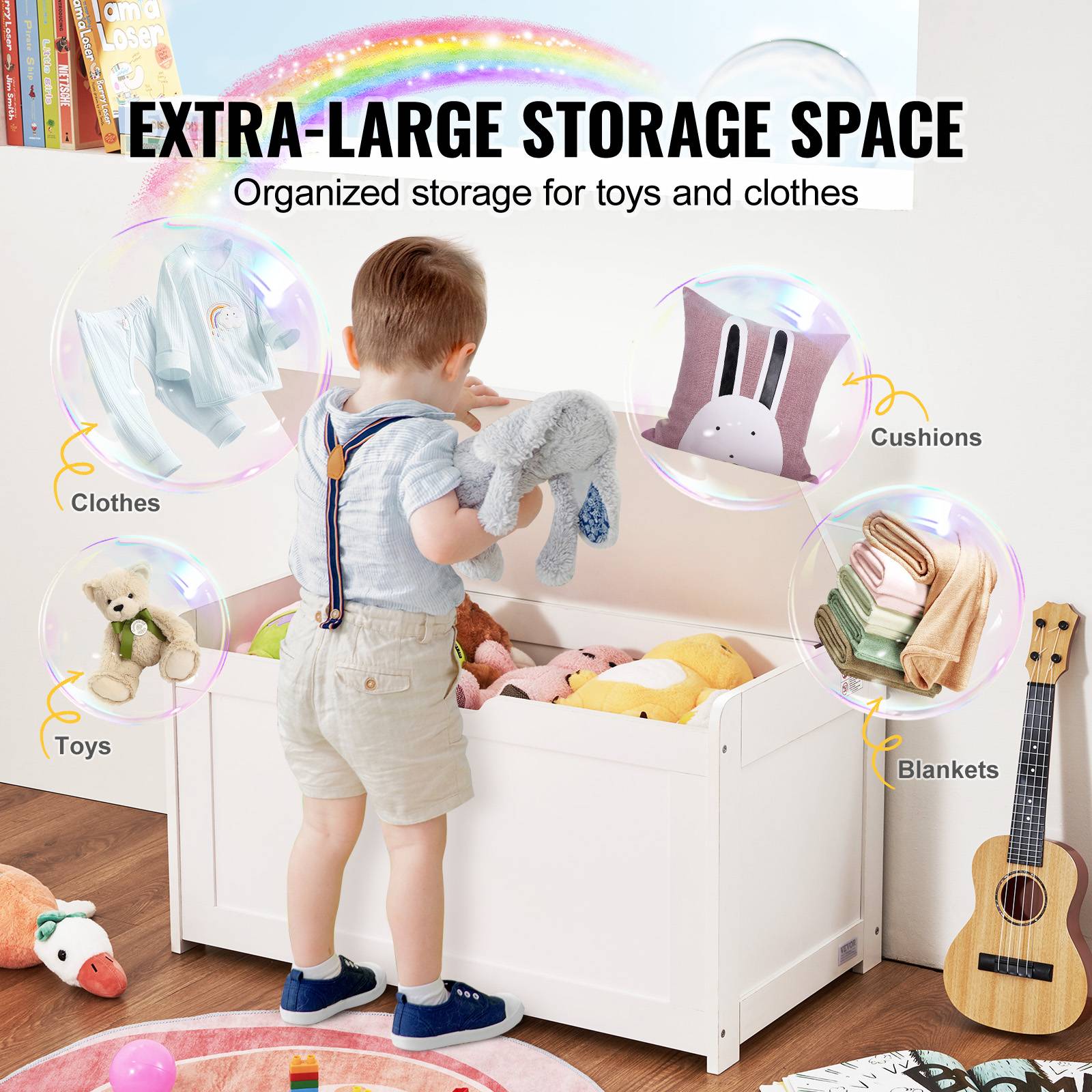 VEVOR Coffre jouets bois enfants, couvercle rabattable, sécurité, blanc. - Image 3