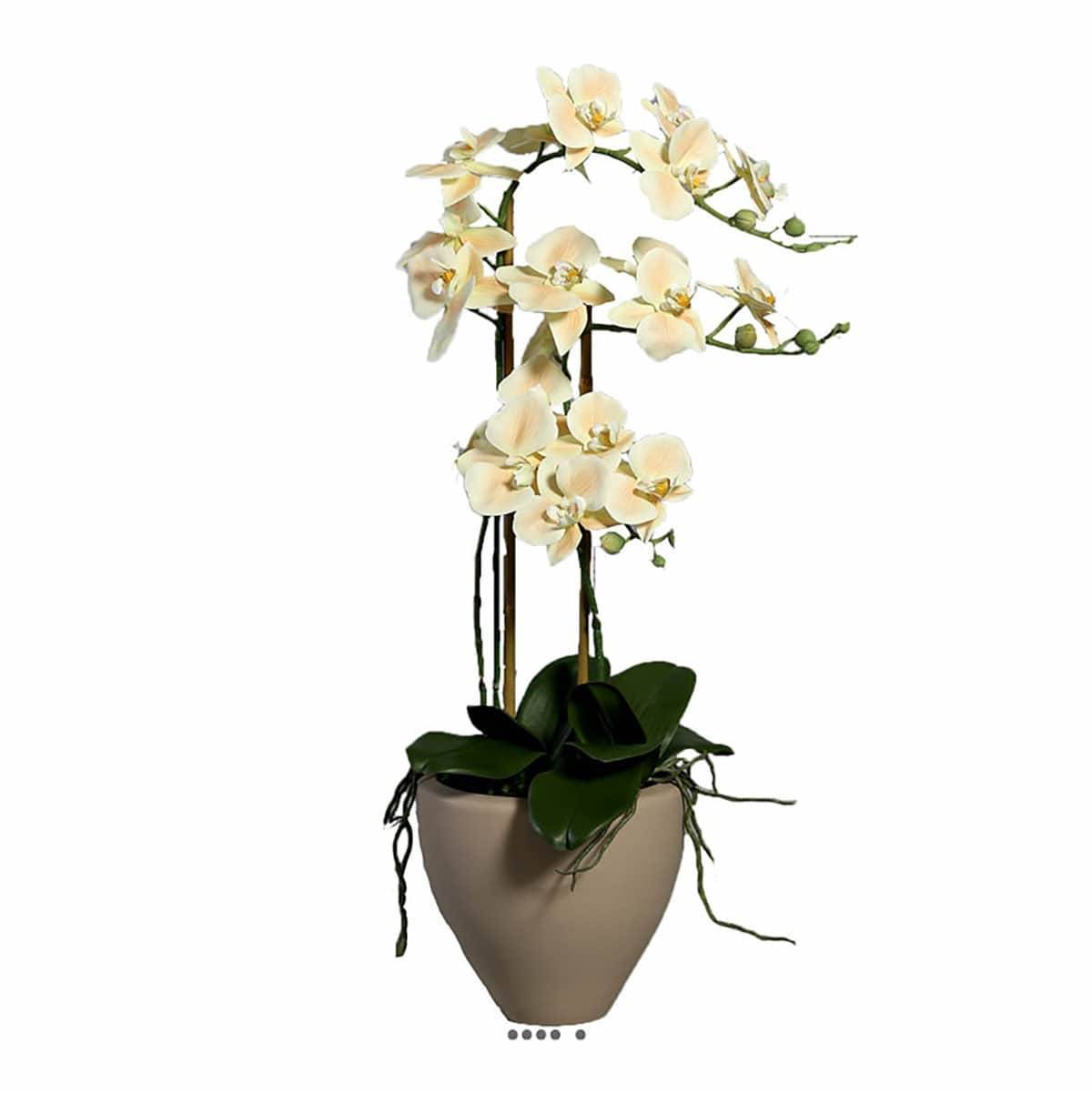 Artificielles - Superbe orchidée artificielle en pot céramique H 70 cm 3 hampes crème-orange - Imagen 1