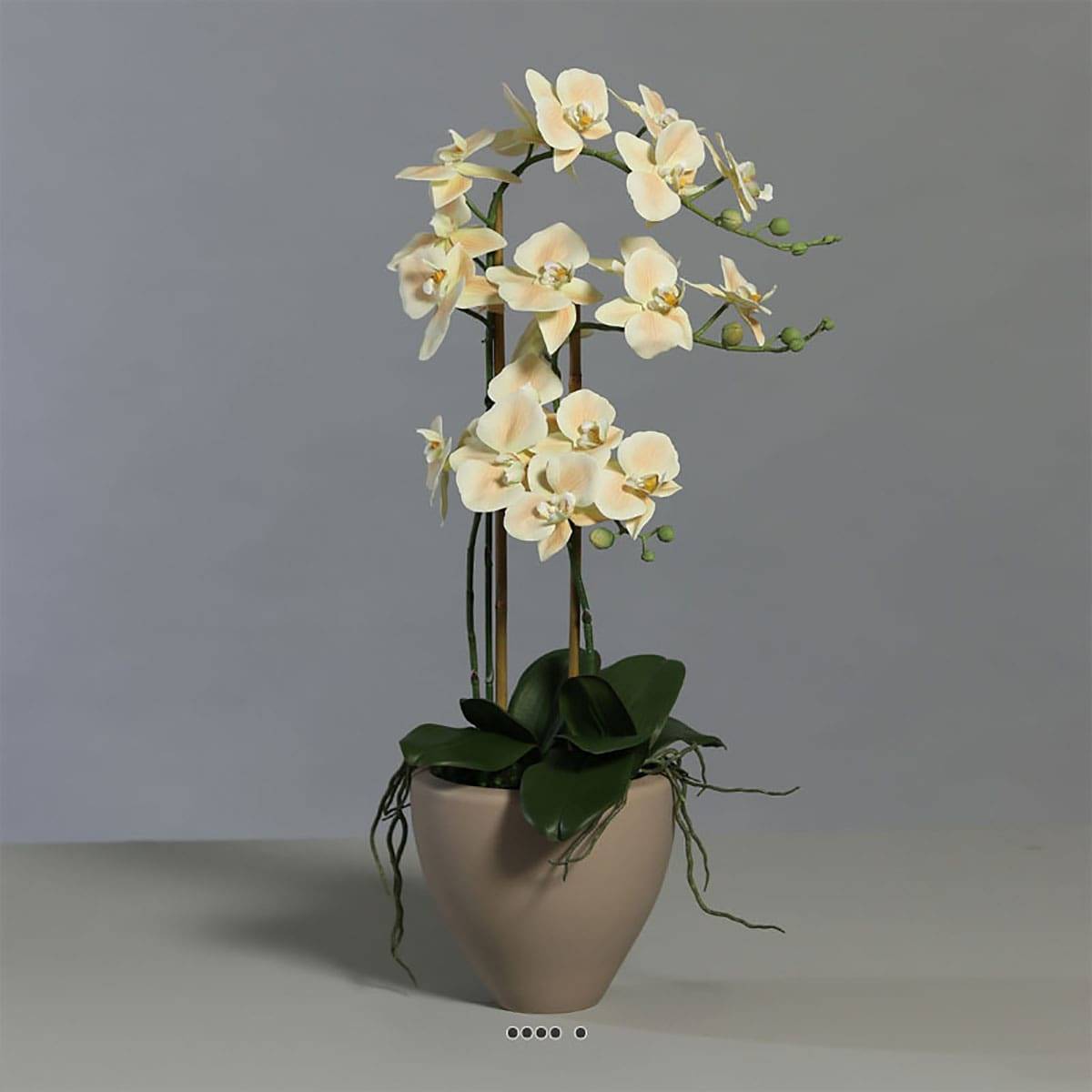 Artificielles - Superbe orchidée artificielle en pot céramique H 70 cm 3 hampes crème-orange - Imagen 4