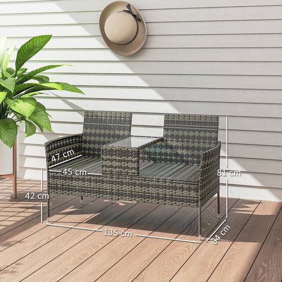 Banquette extérieure 2 places avec table basse, acier et rotin PE, 137x59x82cm, gris - Image 5
