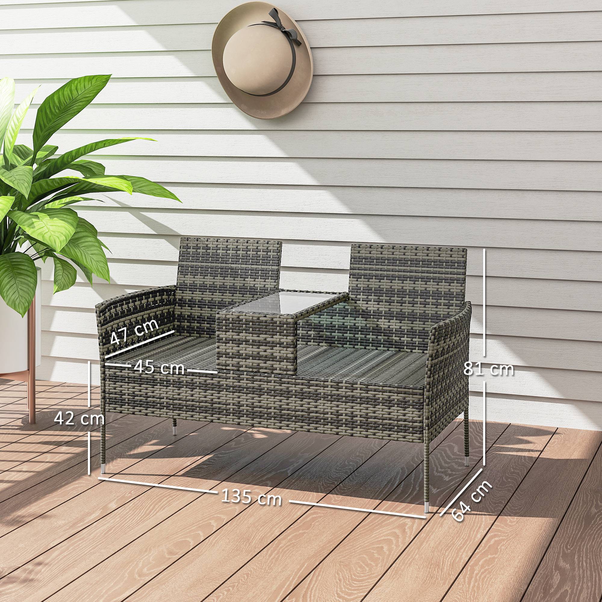 Banquette extérieure 2 places avec table basse, acier et rotin PE, 137x59x82cm, gris - Image 5