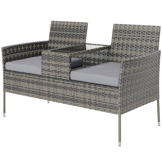 Banquette extérieure 2 places avec table basse, acier et rotin PE, 137x59x82cm, gris - Image 2
