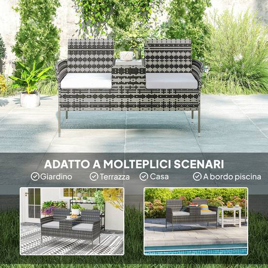 Banquette extérieure 2 places avec table basse, acier et rotin PE, 137x59x82cm, gris - Image 8