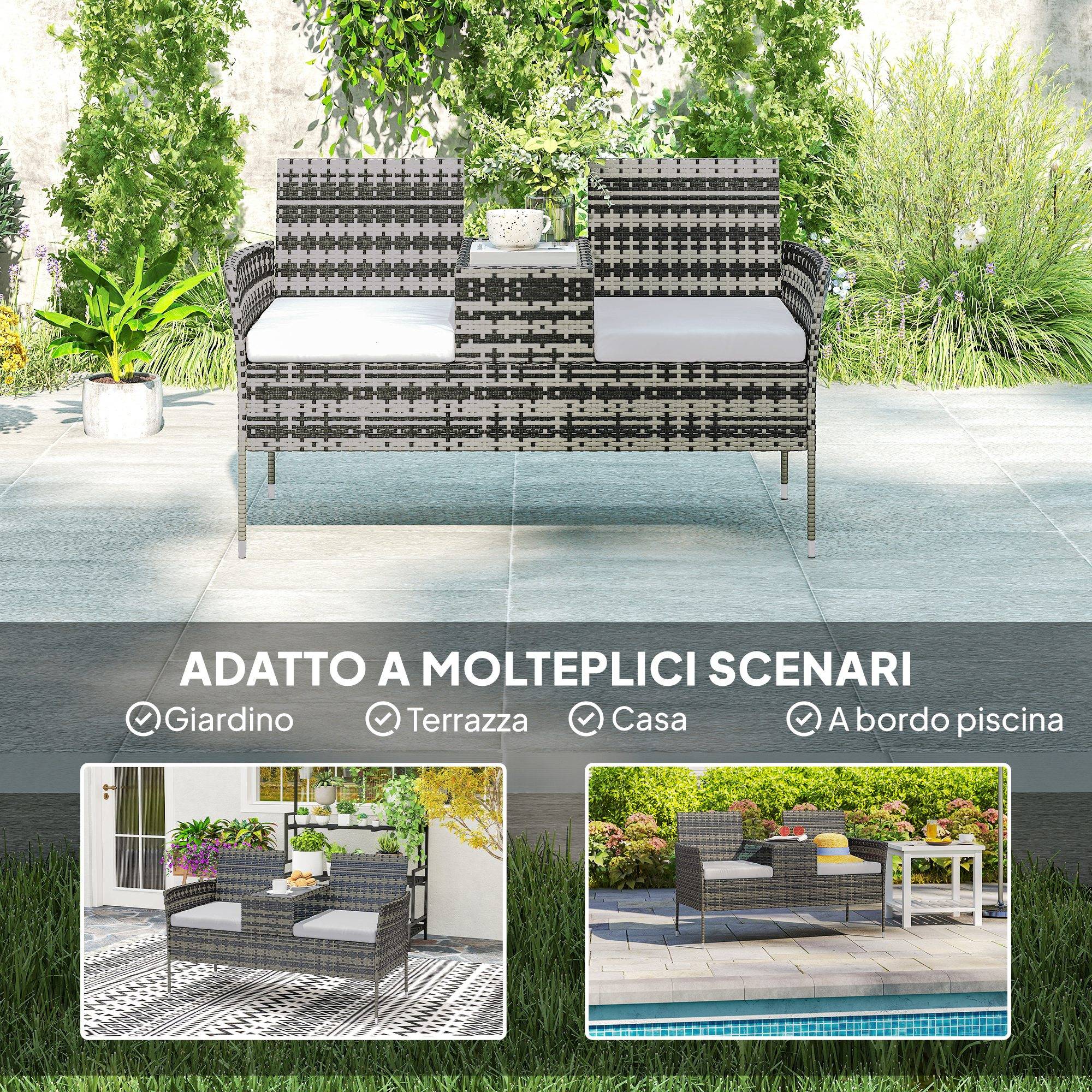 Banquette extérieure 2 places avec table basse, acier et rotin PE, 137x59x82cm, gris - Image 8