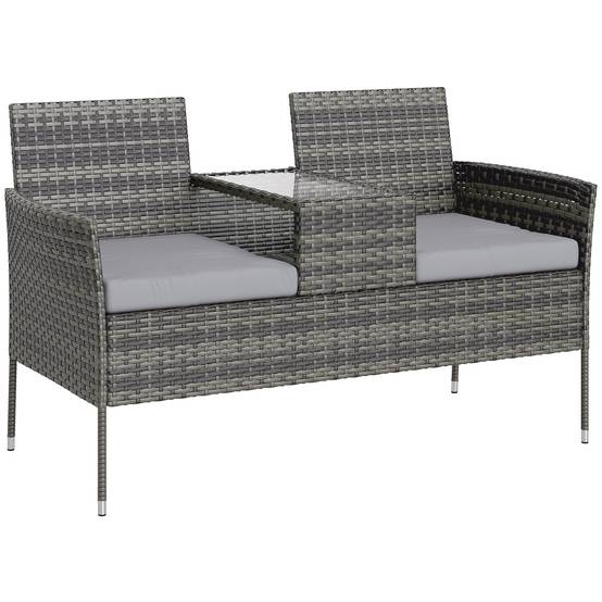 Banquette extérieure 2 places avec table basse, acier et rotin PE, 137x59x82cm, gris - Image 1
