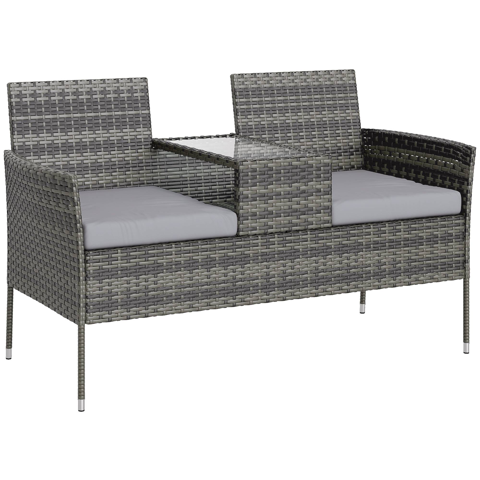 Banquette extérieure 2 places avec table basse, acier et rotin PE, 137x59x82cm, gris - Image 1