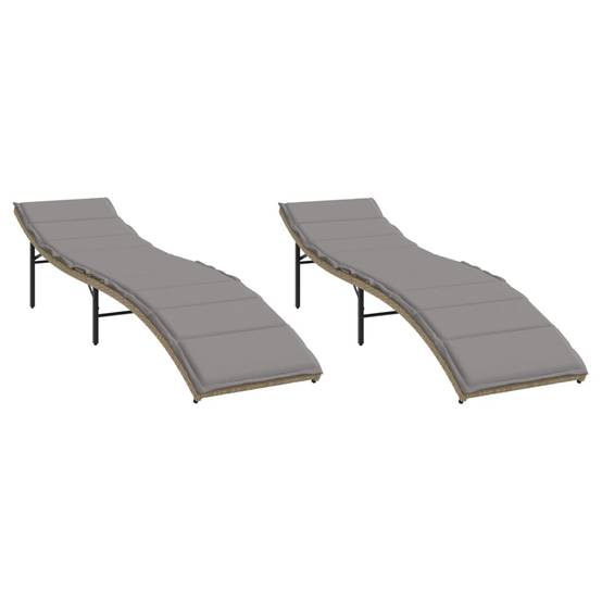 2 pcs Chaises longue | Transat | Bain de soleils avec coussins beige résine tressée - Image 1