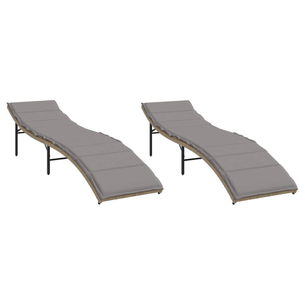 2 pcs Chaises longue | Transat | Bain de soleils avec coussins beige résine tressée - Image 1