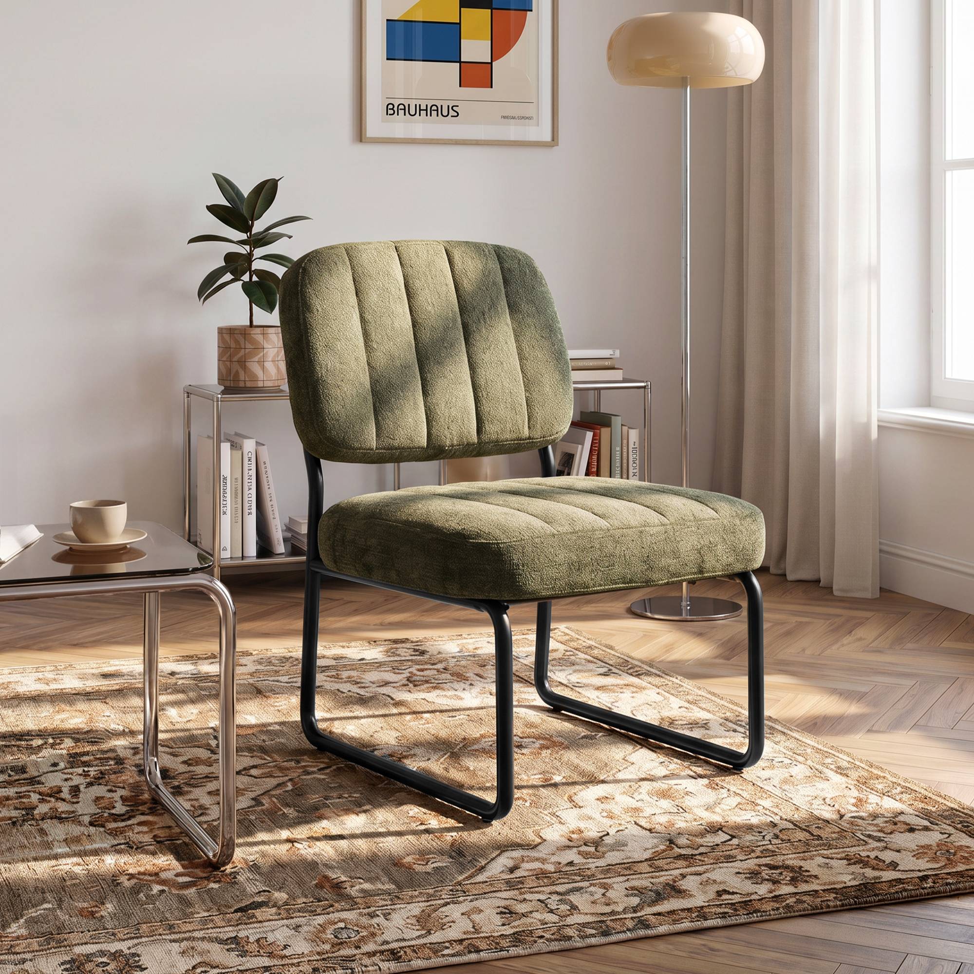 Sicaan Fauteuil kaki rembourré pieds métal noir et tissu chenille - PAOLA - Image 1
