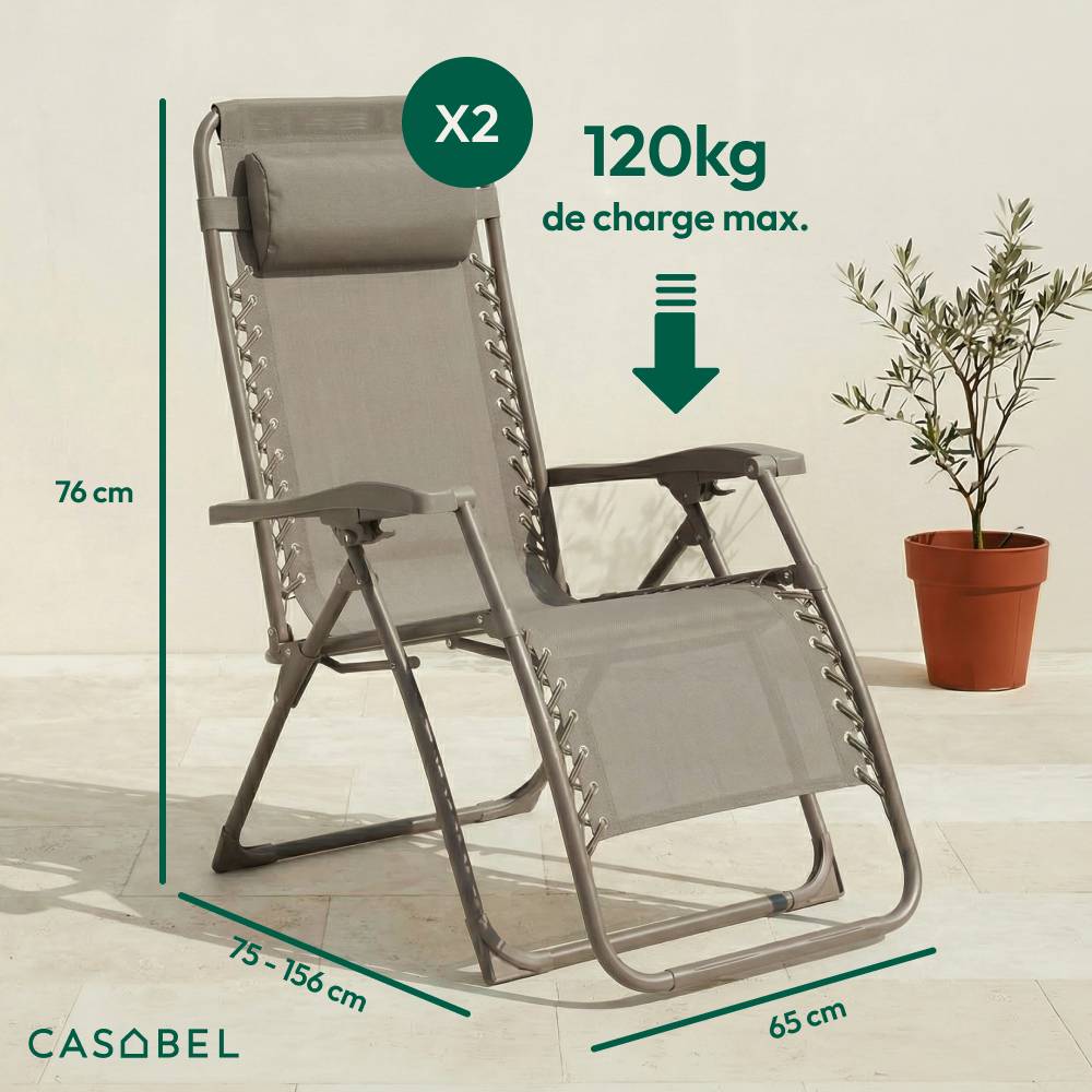 Lot de 2 chaises pliantes Zéro Gravité taupe d'exterieur CASABEL - Image 2