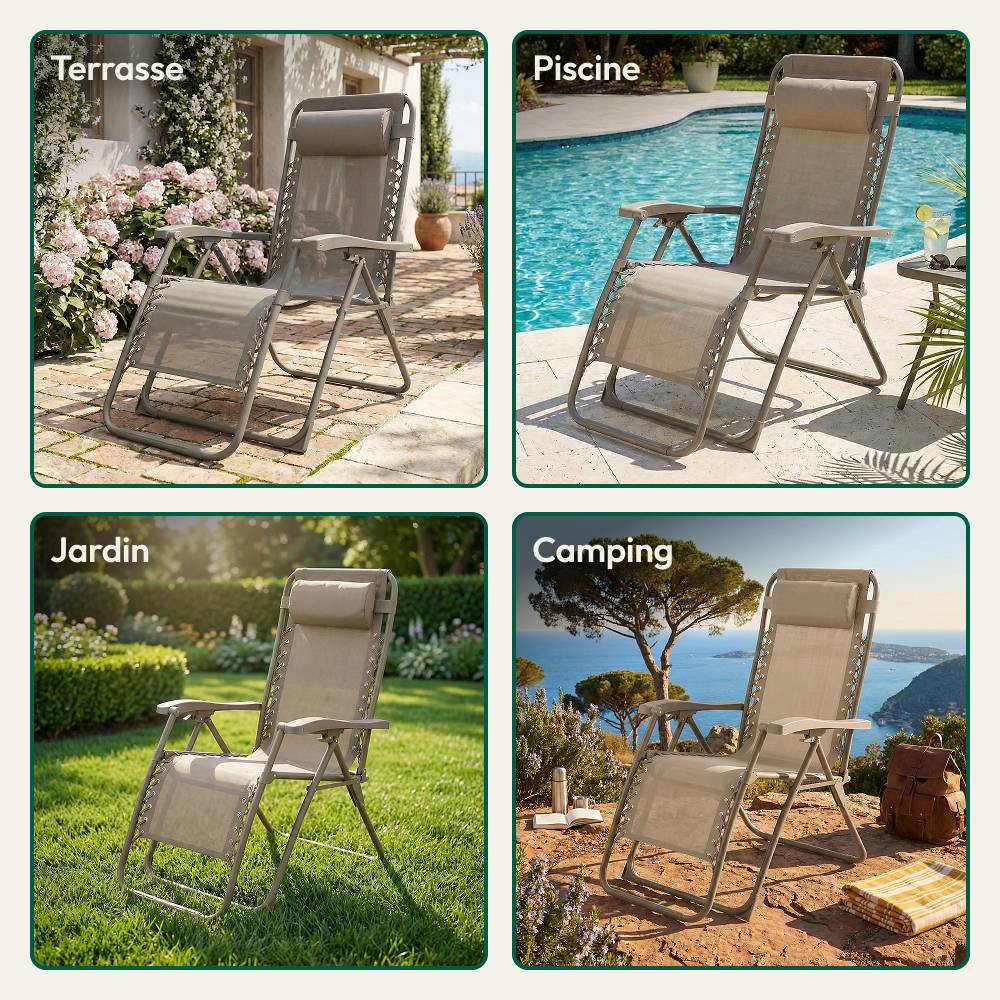 Lot de 2 chaises pliantes Zéro Gravité taupe d'exterieur CASABEL - Image 3