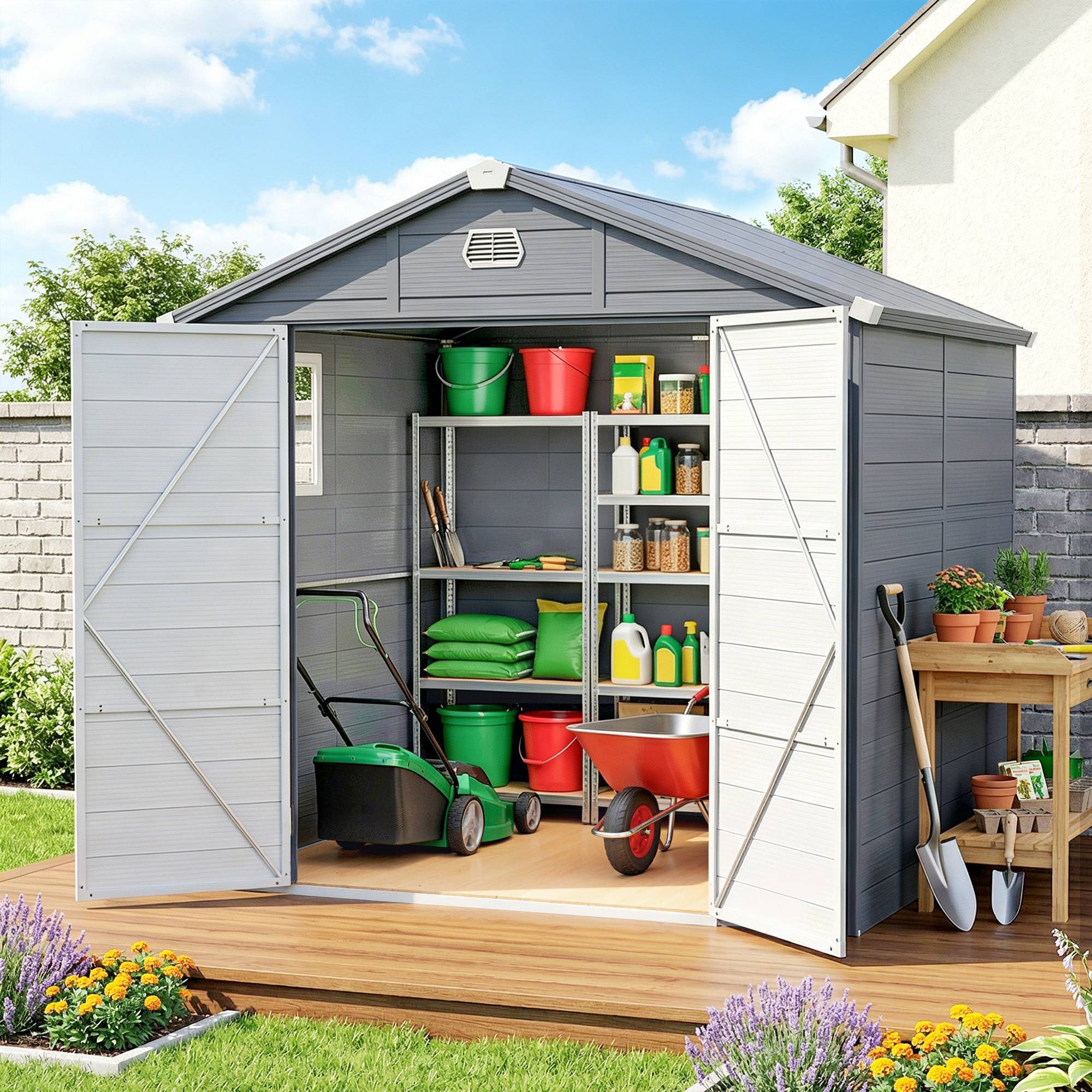 ComfortXL - Abri de jardin en plastique et aluminium 240 x 190 x 228 cm gris anthracite rangement extérieur sécurisé - Image 1
