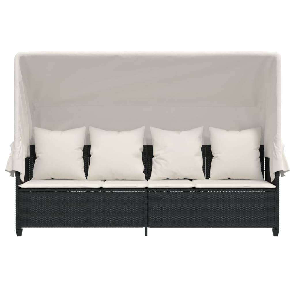 Chaise longue | Transat | Bain de soleil avec auvent et coussins noir résine tressée - Image 6