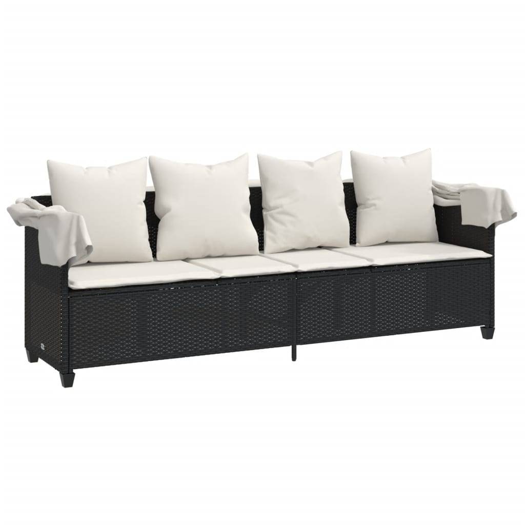 Chaise longue | Transat | Bain de soleil avec auvent et coussins noir résine tressée - Image 4