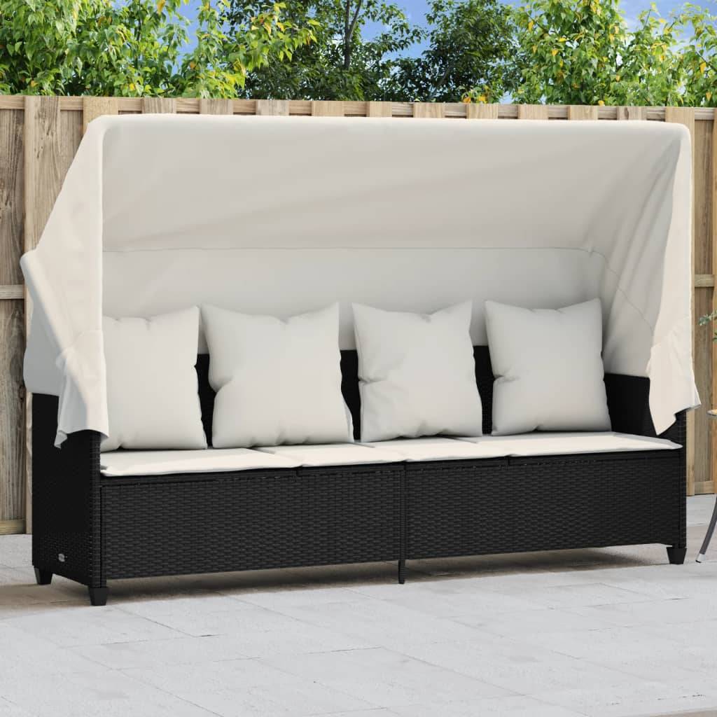 Chaise longue | Transat | Bain de soleil avec auvent et coussins noir résine tressée - Image 2