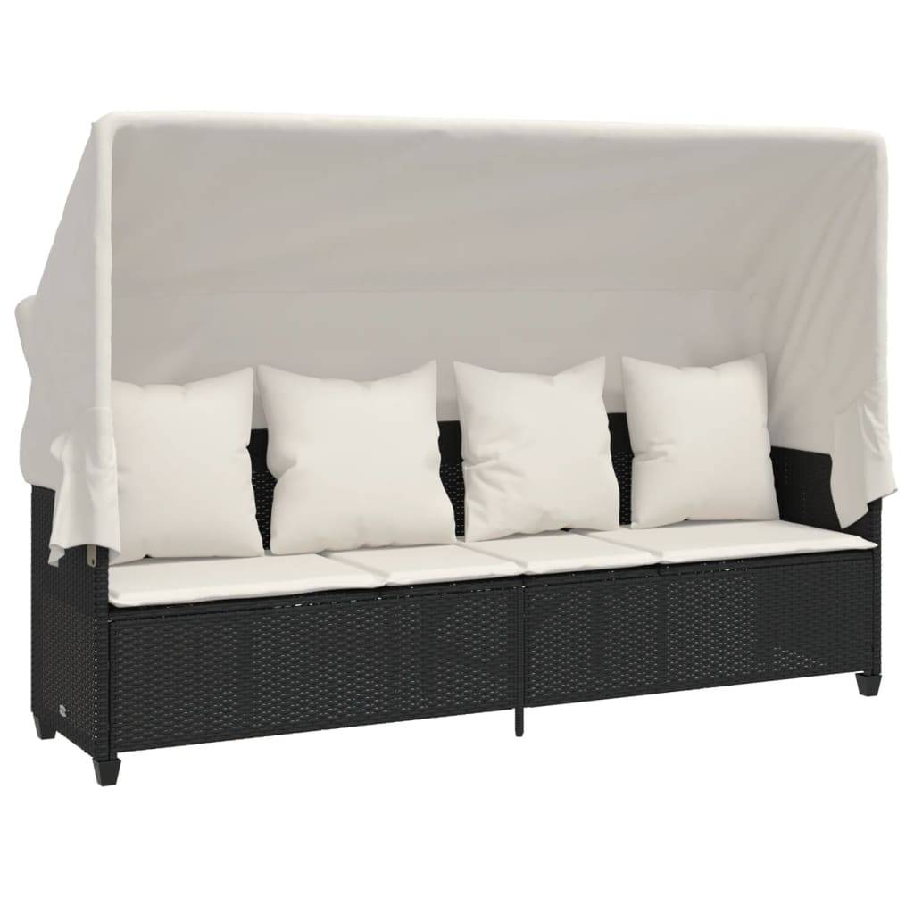 Chaise longue | Transat | Bain de soleil avec auvent et coussins noir résine tressée - Image 1