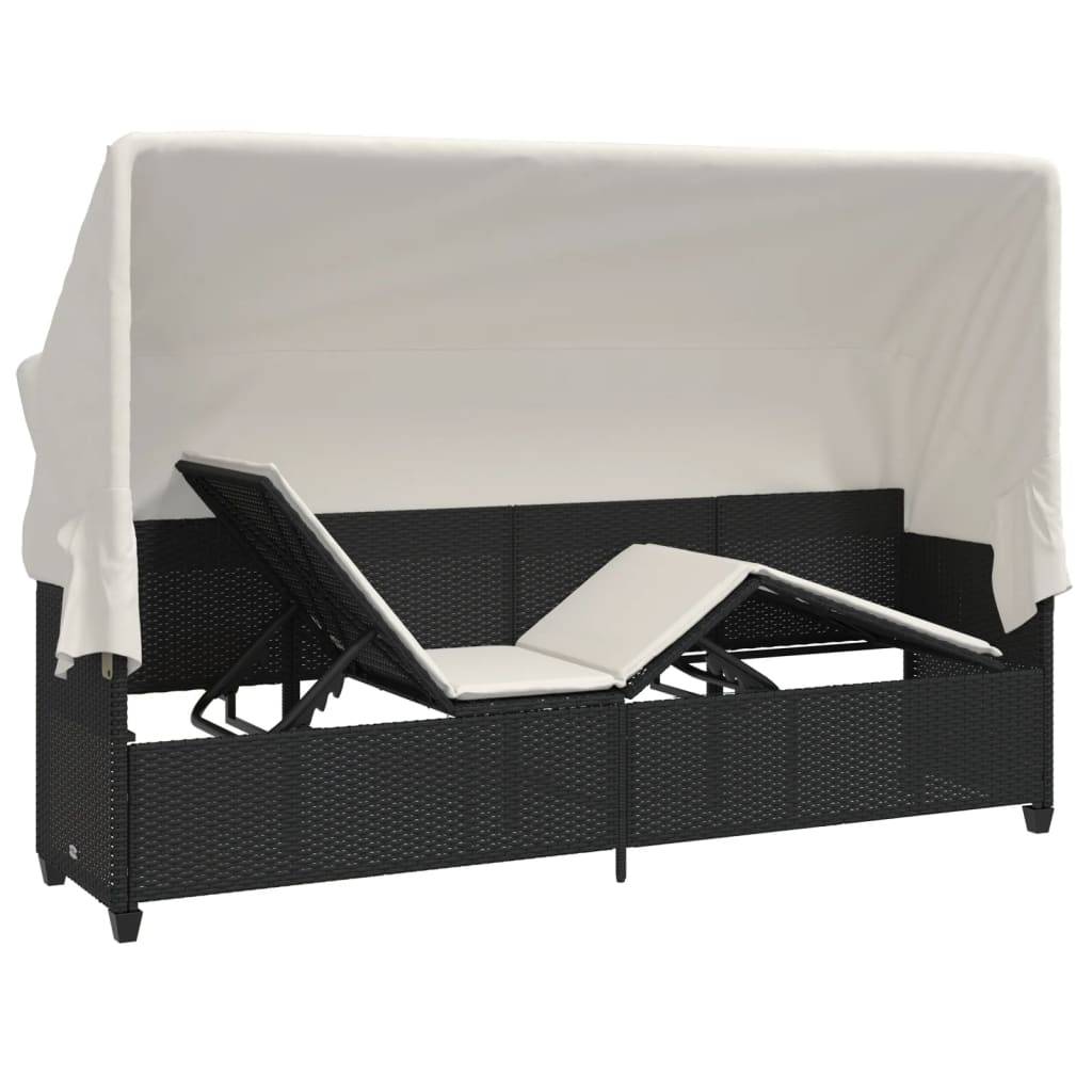 Chaise longue | Transat | Bain de soleil avec auvent et coussins noir résine tressée - Image 5
