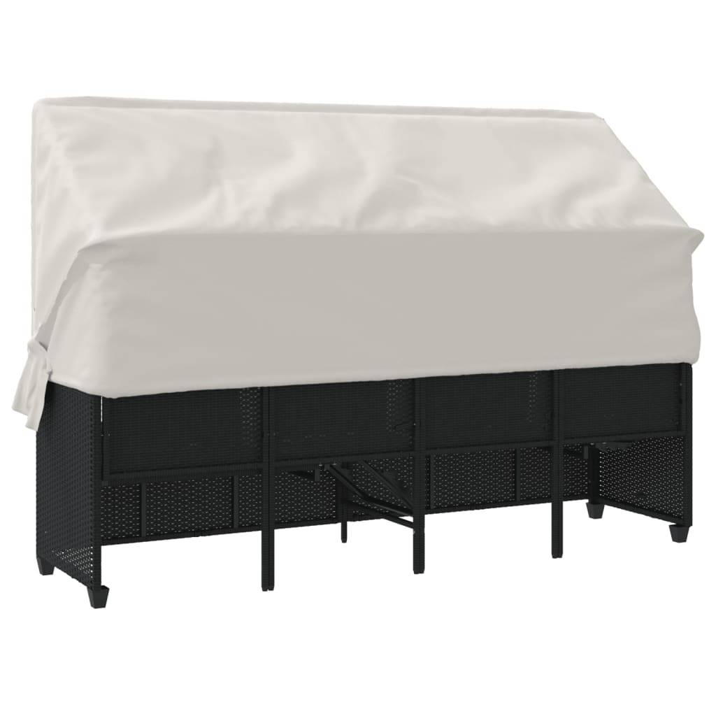 Chaise longue | Transat | Bain de soleil avec auvent et coussins noir résine tressée - Image 8