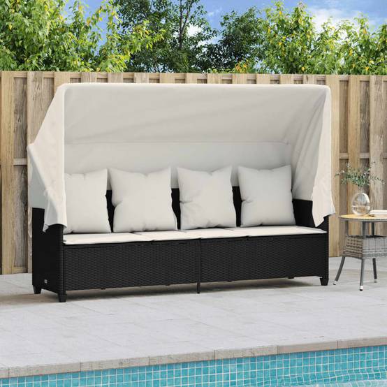 Chaise longue | Transat | Bain de soleil avec auvent et coussins noir résine tressée - Image 3