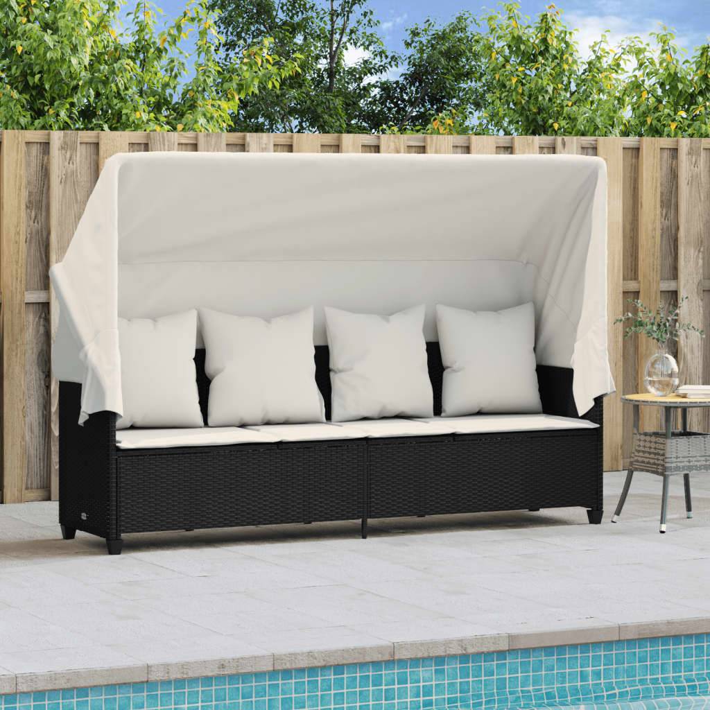 Chaise longue | Transat | Bain de soleil avec auvent et coussins noir résine tressée - Image 3