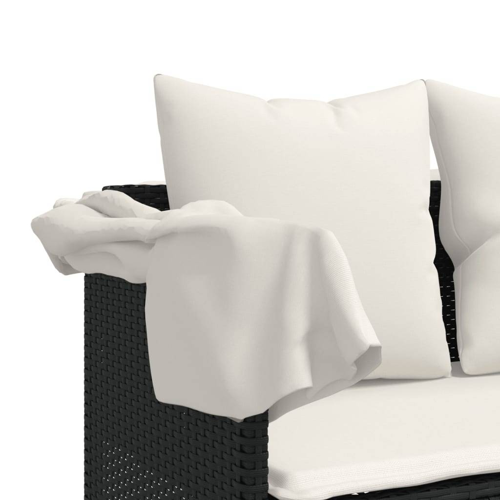 Chaise longue | Transat | Bain de soleil avec auvent et coussins noir résine tressée - Image 10