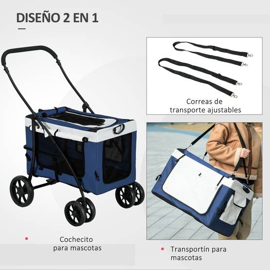 Poussette pour chiens pliable avec wagon amovible, 4 portes à fermeture éclair, 2 sangles de sécurité et coussin Bleu - Image 7