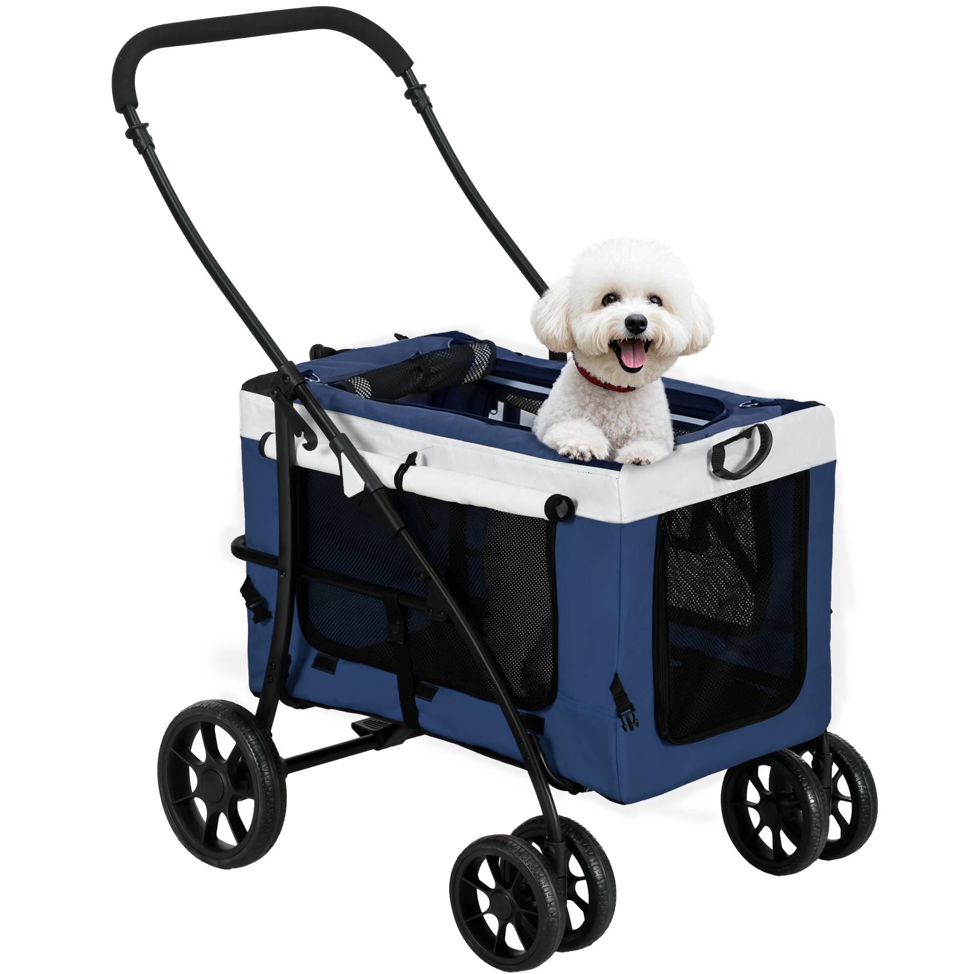 Poussette pour chiens pliable avec wagon amovible, 4 portes à fermeture éclair, 2 sangles de sécurité et coussin Bleu - Image 1