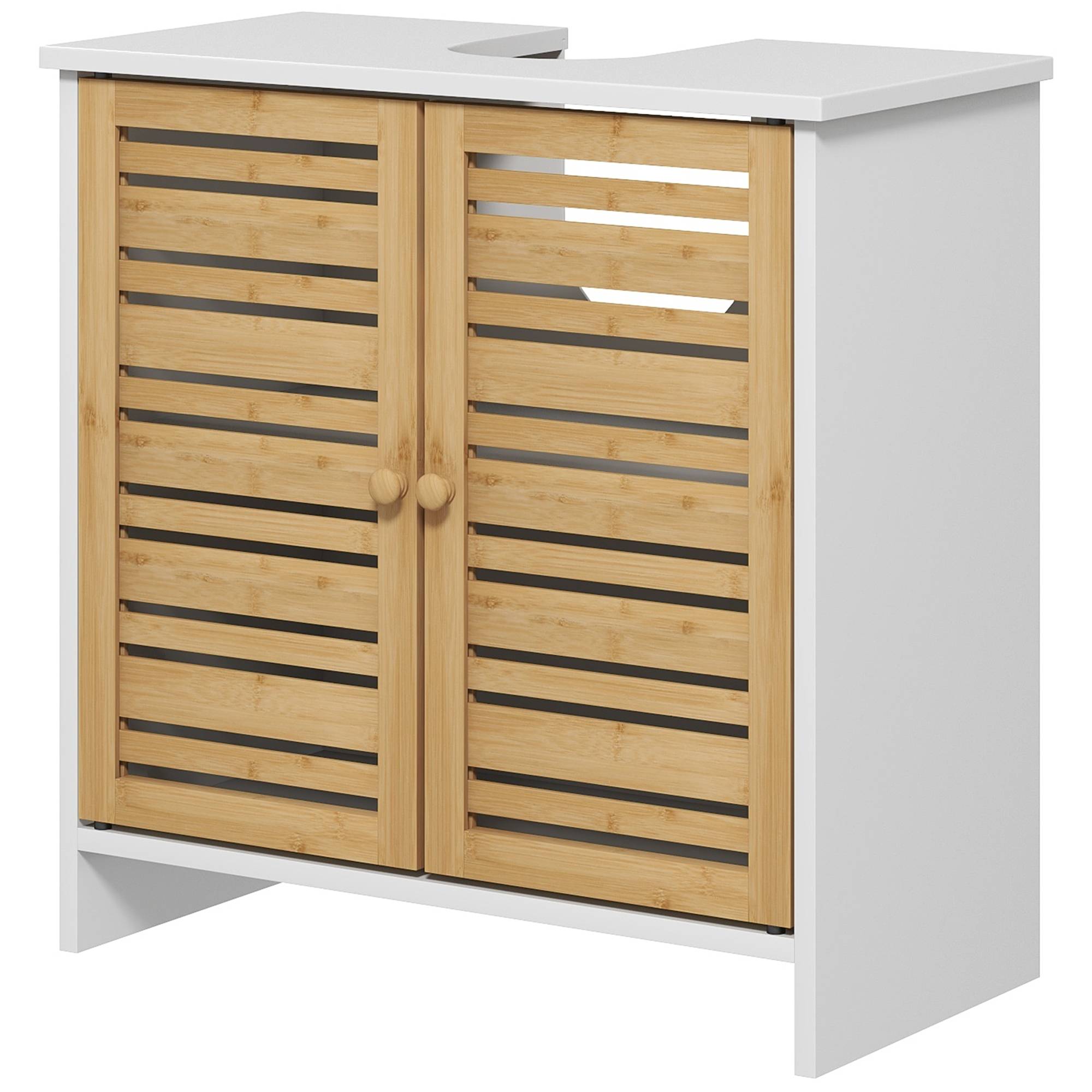 Sans Marque - Meuble sous-évier moderne portes magnétiques bambou étagère réglable 60x30x60 cm Blanc naturel - Image 2