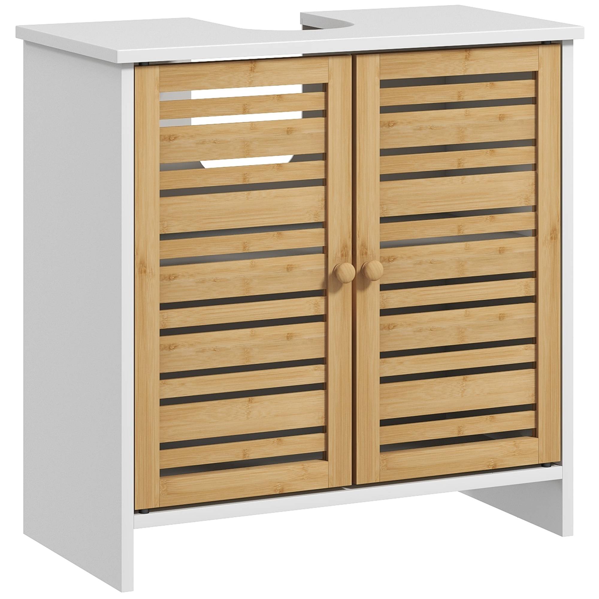 Sans Marque - Meuble sous-évier moderne portes magnétiques bambou étagère réglable 60x30x60 cm Blanc naturel - Image 1