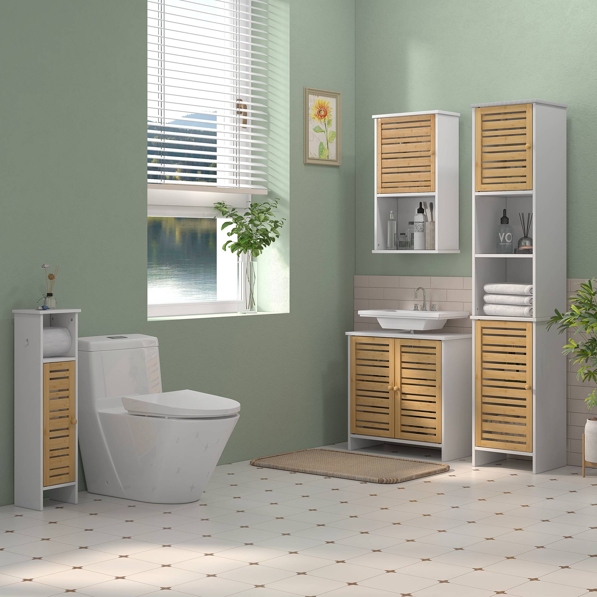 Sans Marque - Meuble sous-évier moderne portes magnétiques bambou étagère réglable 60x30x60 cm Blanc naturel - Image 3