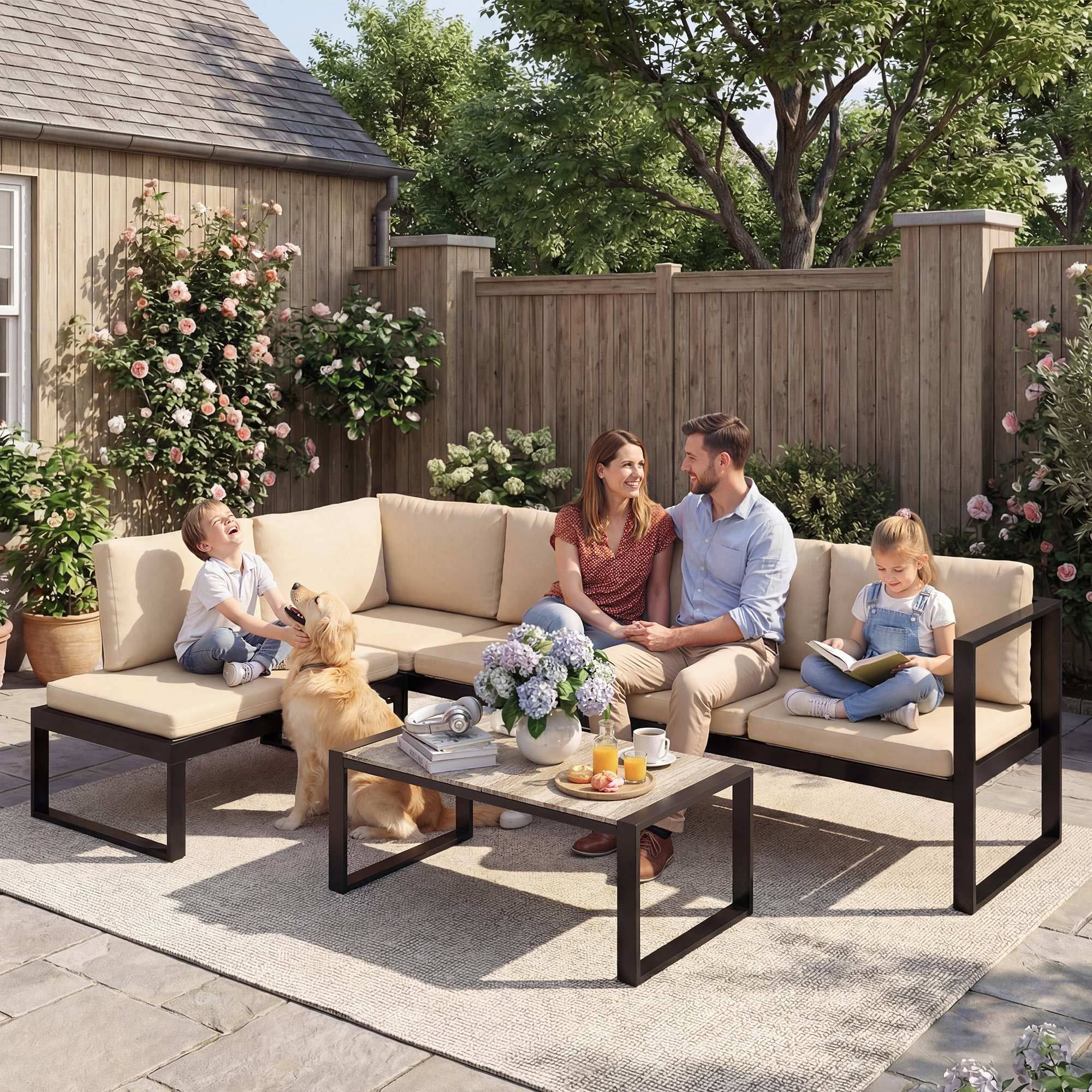 Ensemble de mobilier de jardin 4 pièces, 2 canapés 2 places, fauteuil sans accoudoirs et table basse, Kaki - Image 7