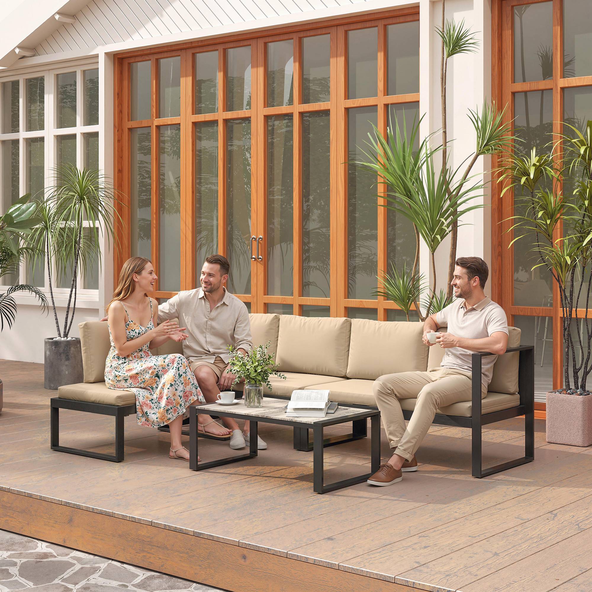Ensemble de mobilier de jardin 4 pièces, 2 canapés 2 places, fauteuil sans accoudoirs et table basse, Kaki - Image 2
