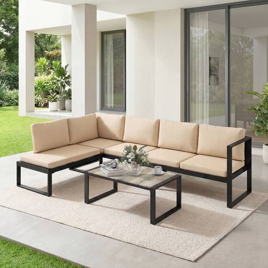 Ensemble de mobilier de jardin 4 pièces, 2 canapés 2 places, fauteuil sans accoudoirs et table basse, Kaki - Image 9