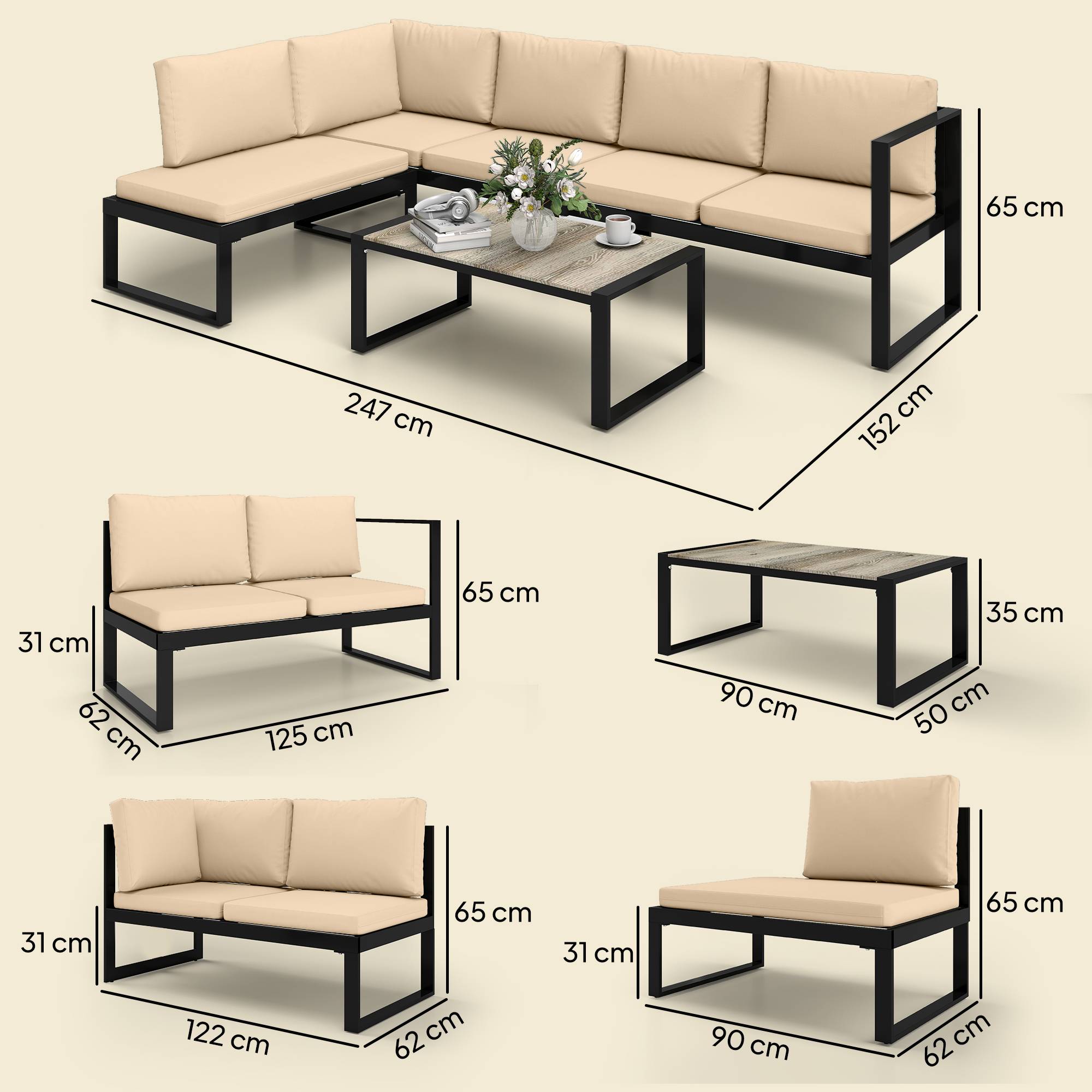 Ensemble de mobilier de jardin 4 pièces, 2 canapés 2 places, fauteuil sans accoudoirs et table basse, Kaki - Image 3