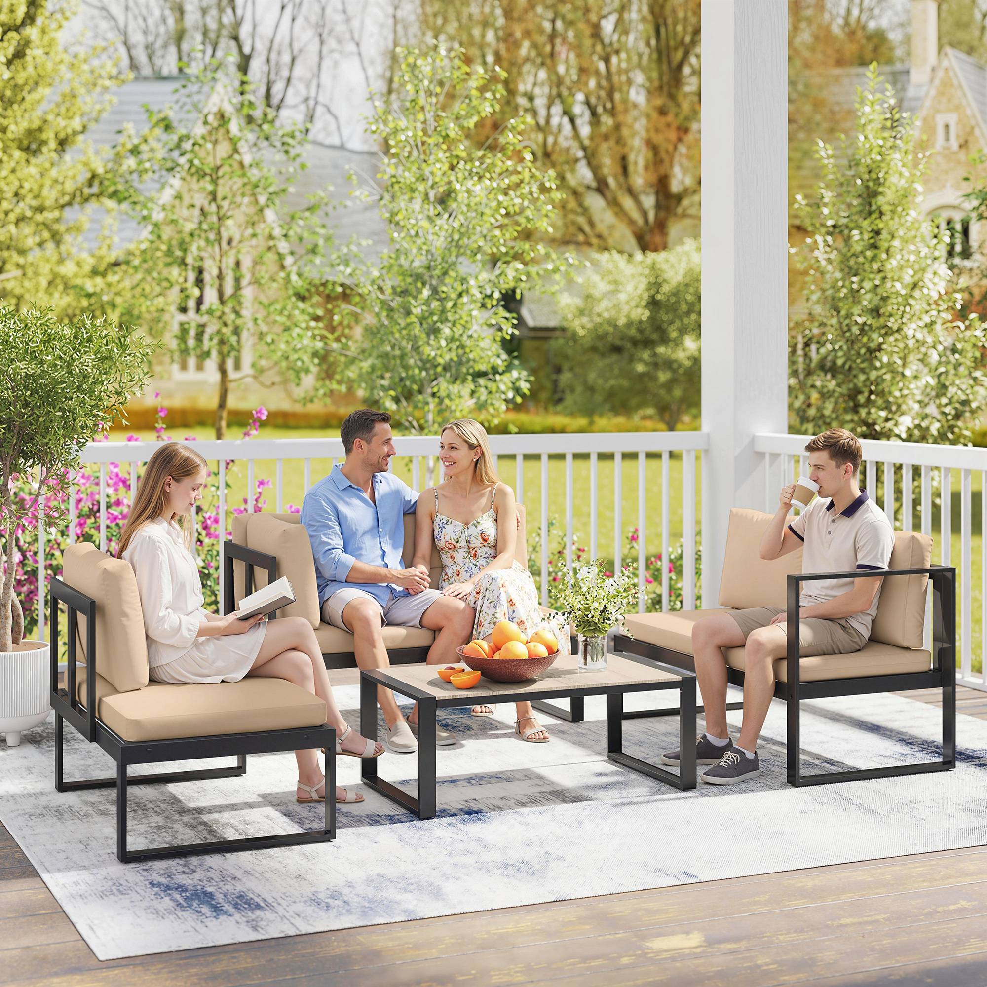 Ensemble de mobilier de jardin 4 pièces, 2 canapés 2 places, fauteuil sans accoudoirs et table basse, Kaki - Image 8
