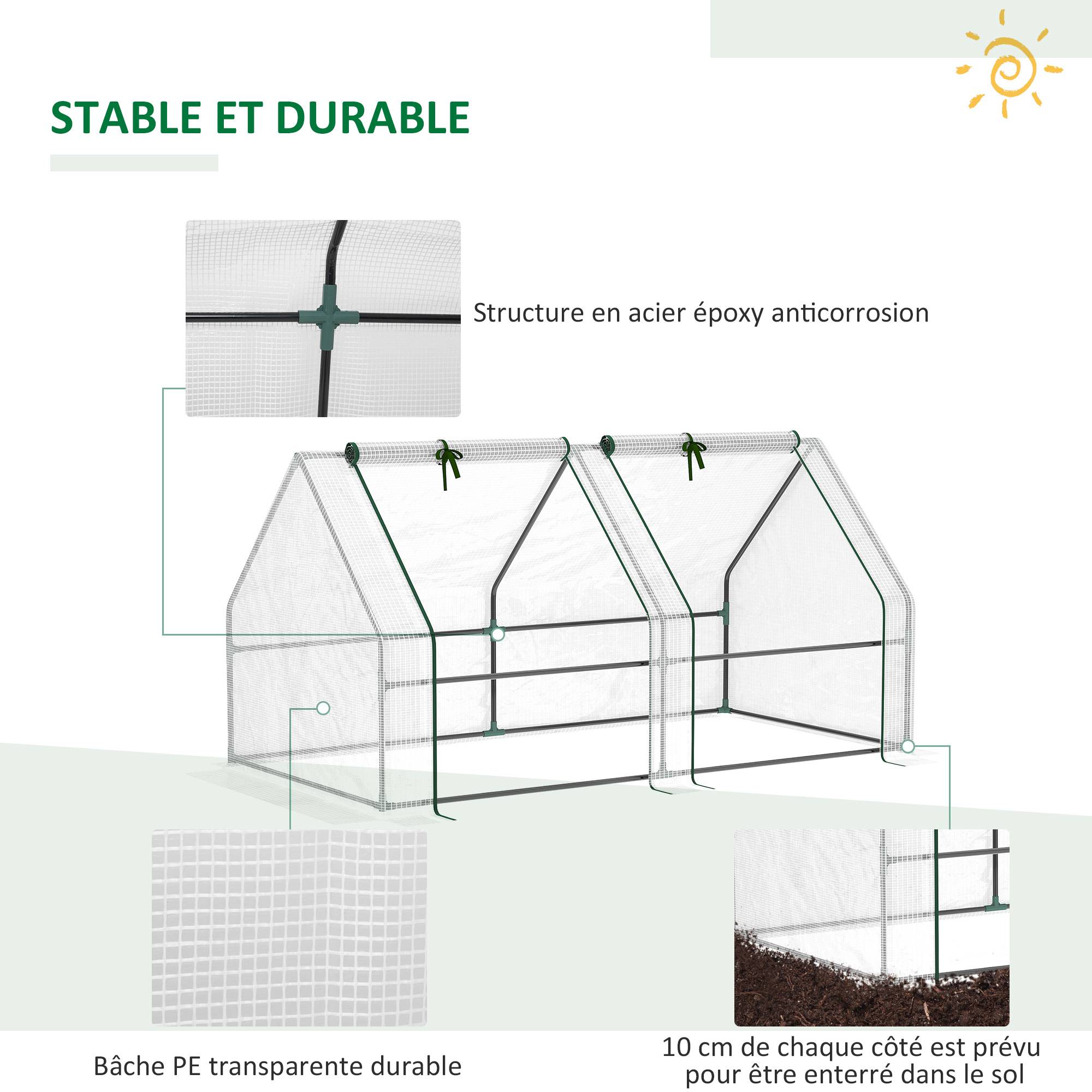 Mini Serre de Jardin mini serre tunnel 180L x 90l x 90H cm toit pointu Acier PE Haute densité 140 g/m² Anti-UV 2 fenêtres avec Zip enroulables Blanc - Image 8