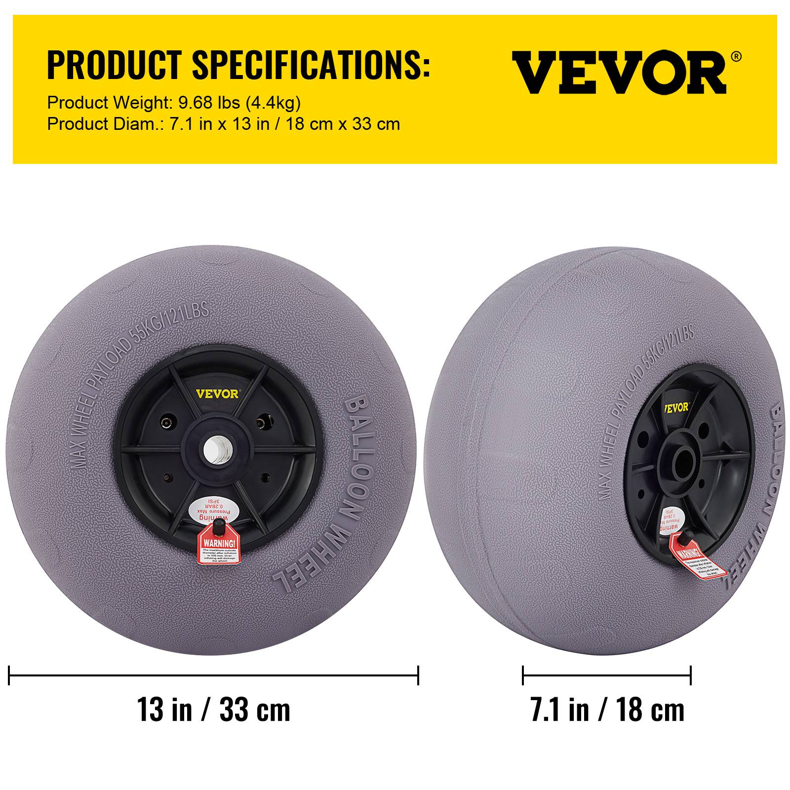 VEVOR Roues plage 2x33 cm, pneus ballon, charge 55 kg. Basse pression, pour terrain sablonneux. - Image 7
