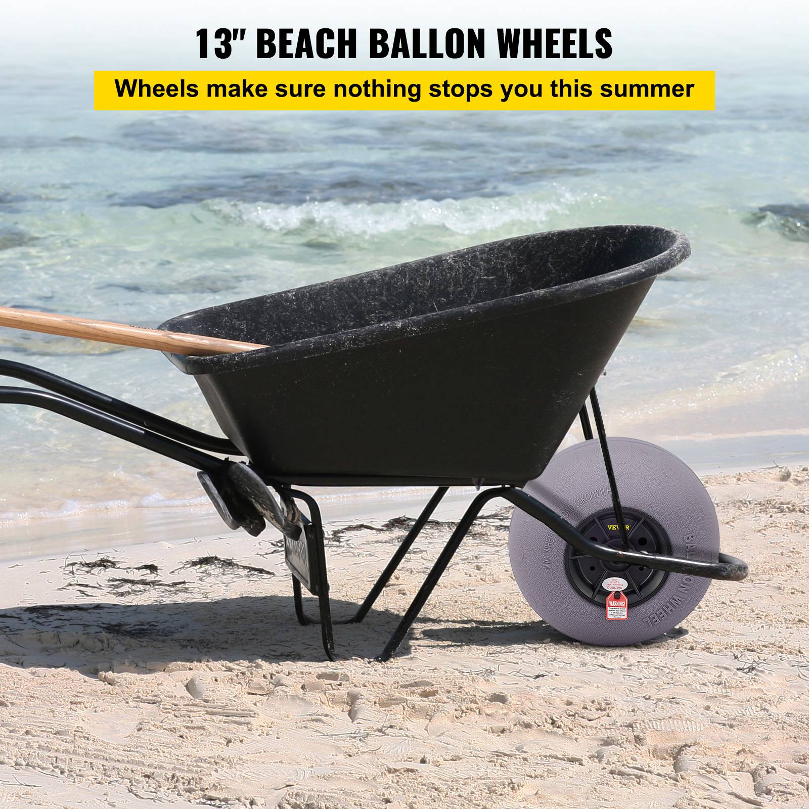 VEVOR Roues plage 2x33 cm, pneus ballon, charge 55 kg. Basse pression, pour terrain sablonneux. - Image 2