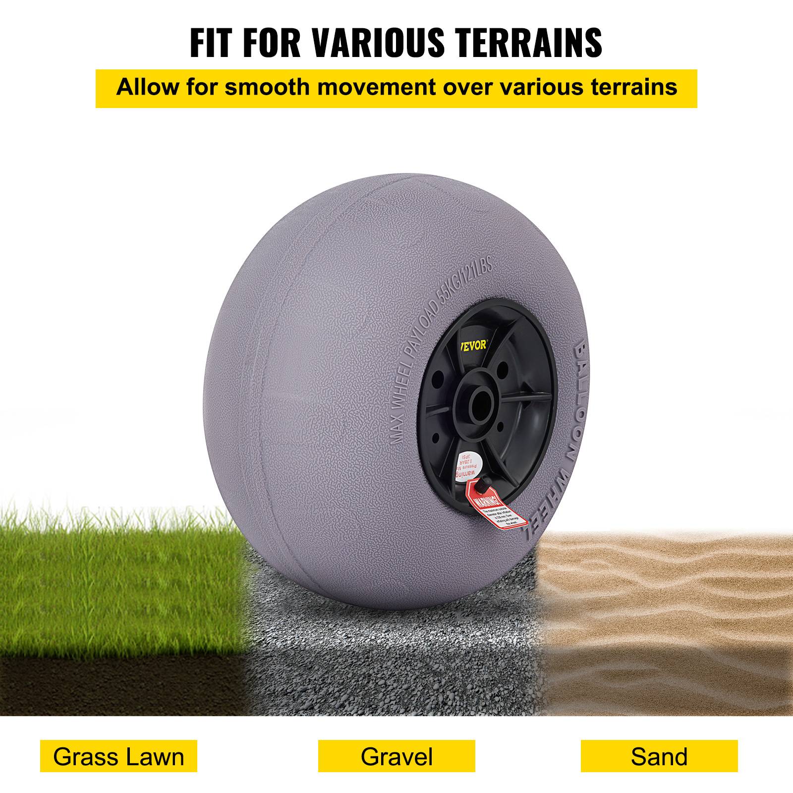 VEVOR Roues plage 2x33 cm, pneus ballon, charge 55 kg. Basse pression, pour terrain sablonneux. - Image 5