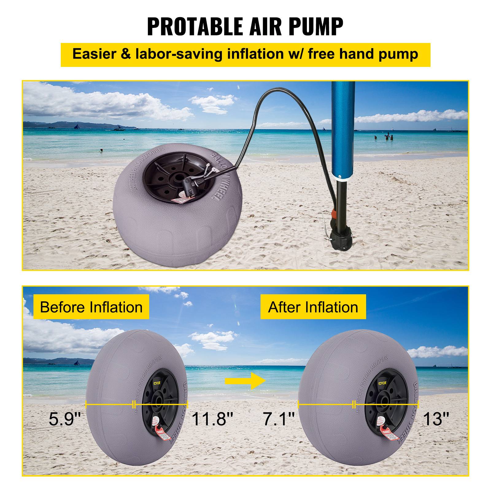 VEVOR Roues plage 2x33 cm, pneus ballon, charge 55 kg. Basse pression, pour terrain sablonneux. - Image 6
