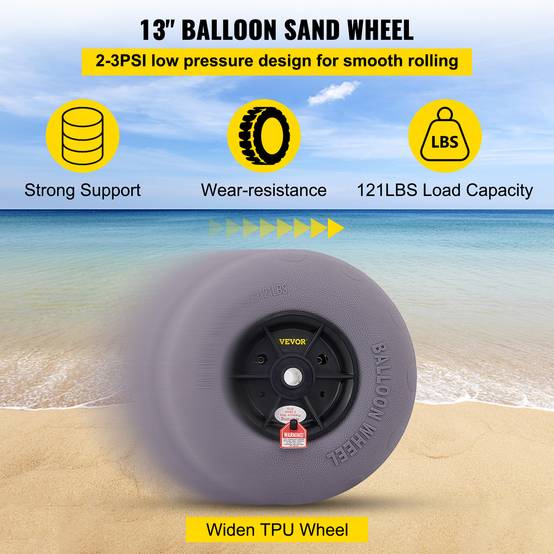 VEVOR Roues plage 2x33 cm, pneus ballon, charge 55 kg. Basse pression, pour terrain sablonneux. - Image 4