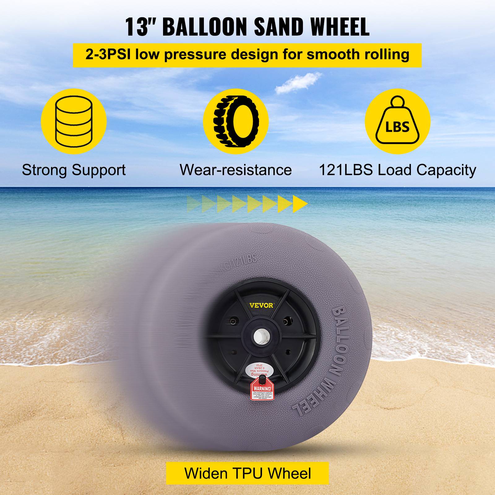 VEVOR Roues plage 2x33 cm, pneus ballon, charge 55 kg. Basse pression, pour terrain sablonneux. - Image 4