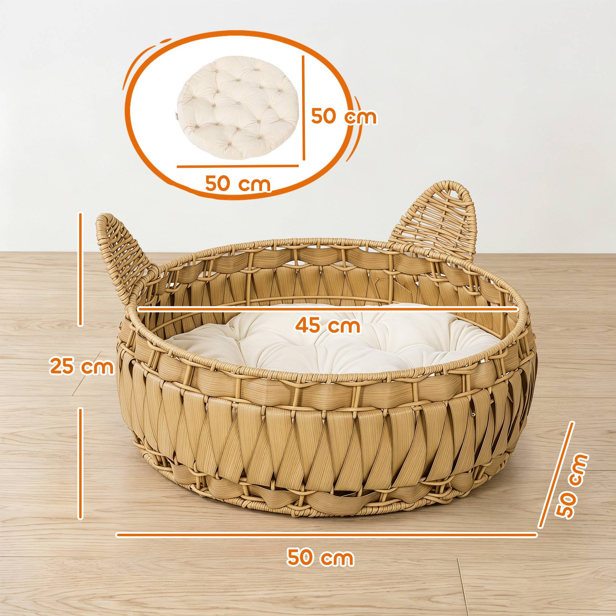 Panier pour chat rotin synthétique marron clair 50 x 50 x 25 cm - PANGIVO - Image 5