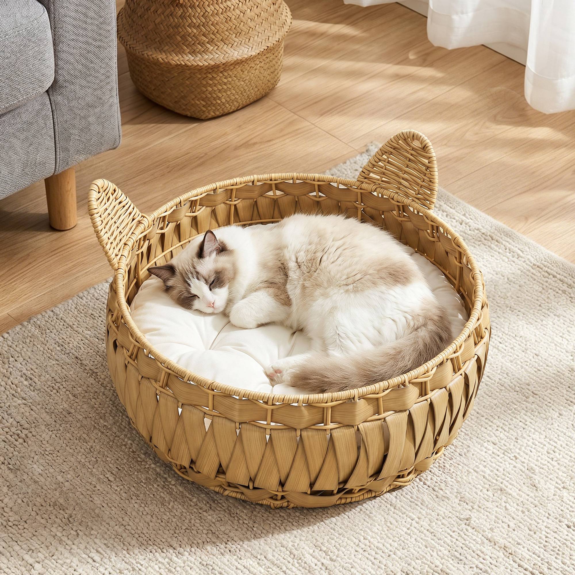 Panier pour chat rotin synthétique marron clair 50 x 50 x 25 cm - PANGIVO - Image 4