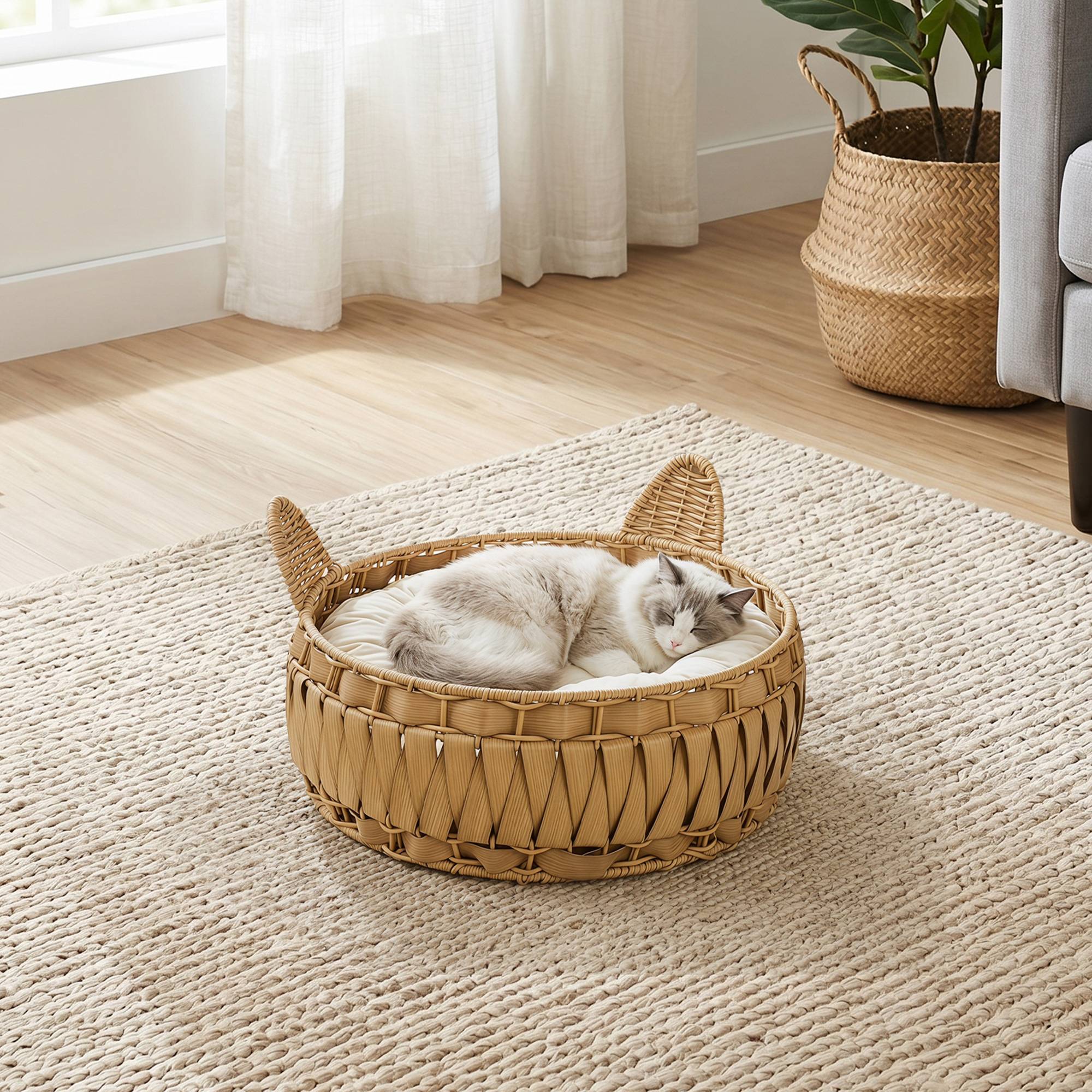 Panier pour chat rotin synthétique marron clair 50 x 50 x 25 cm - PANGIVO - Image 10