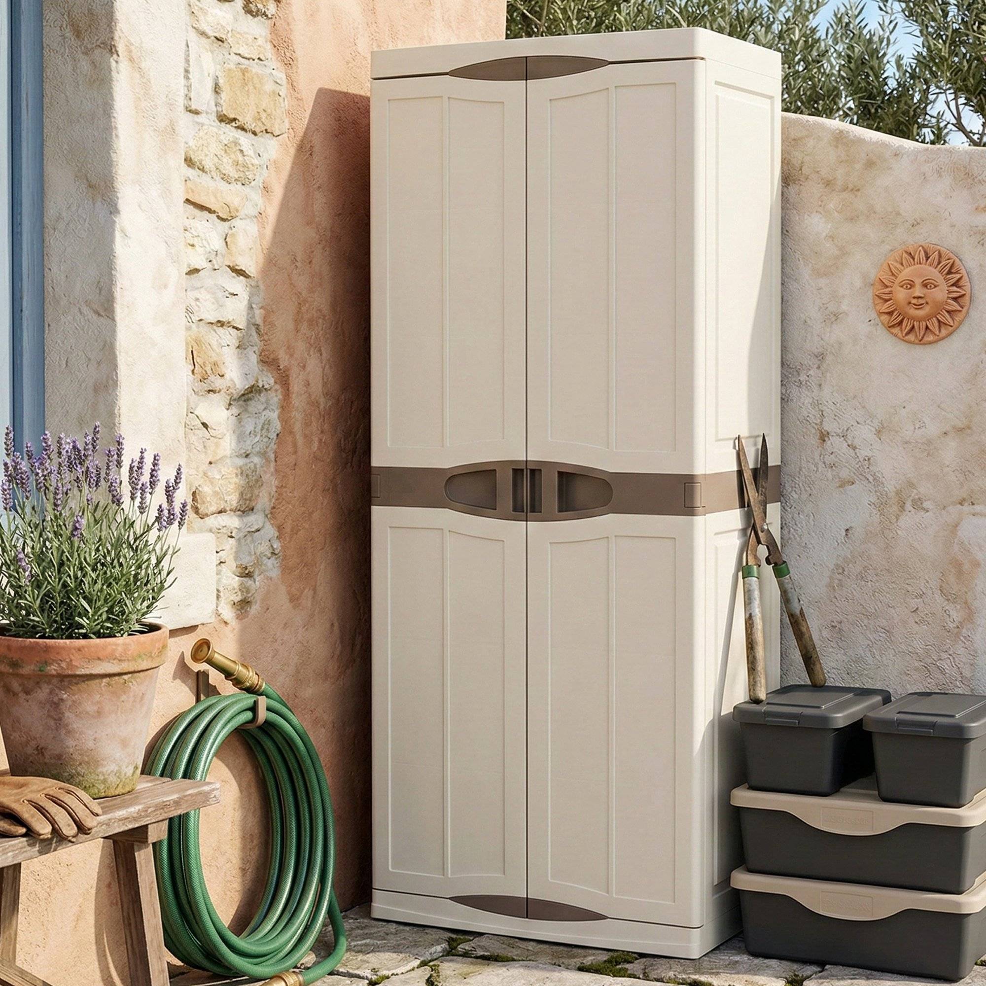 Dmora - Armoire d'extérieur Daldegan, Armoire de balcon polyvalente, Armoire à balais 2 portes, 70x47h178 cm, Beige et Marron, Finition élégante - Dmora - Imagen 2