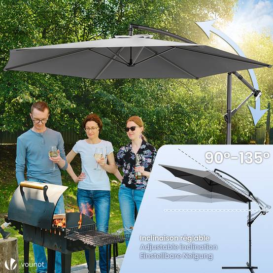 Vounot - Parasol déporté inclinable 3M avec housse de protection Gris - Inclinaison réglable - Rotatif 360° - Manivelle anti-retour - VOUNOT® - Image 3