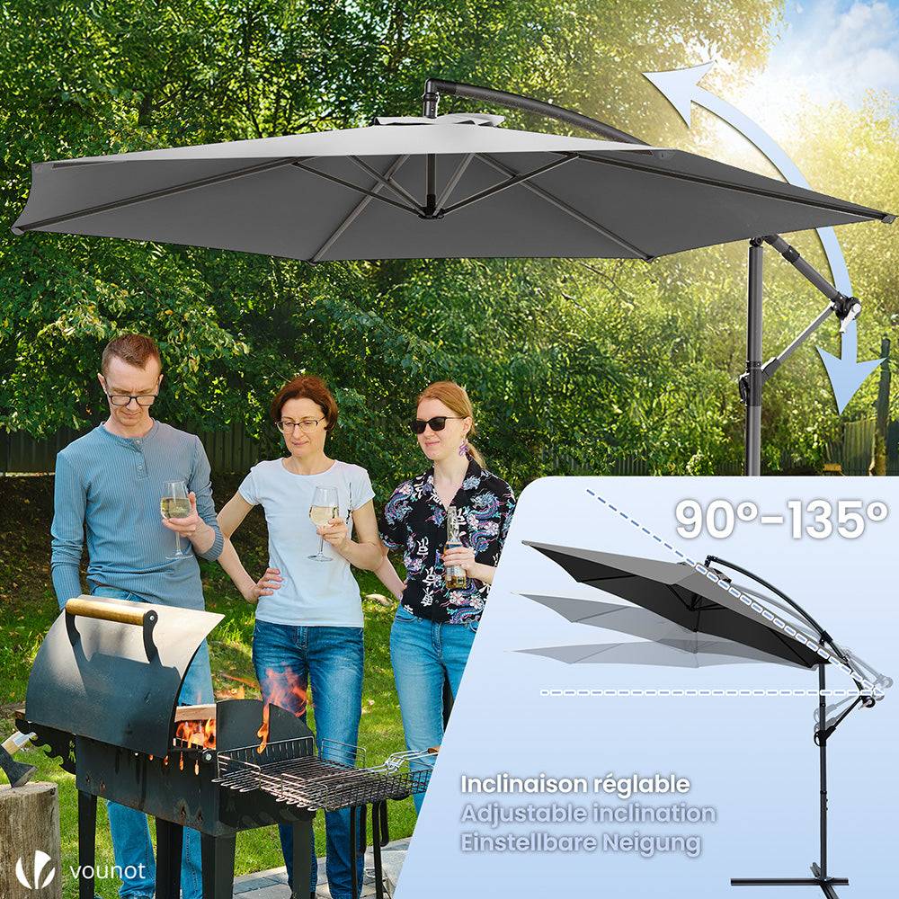 Vounot - Parasol déporté inclinable 3M avec housse de protection Gris - Inclinaison réglable - Rotatif 360° - Manivelle anti-retour - VOUNOT® - Image 3