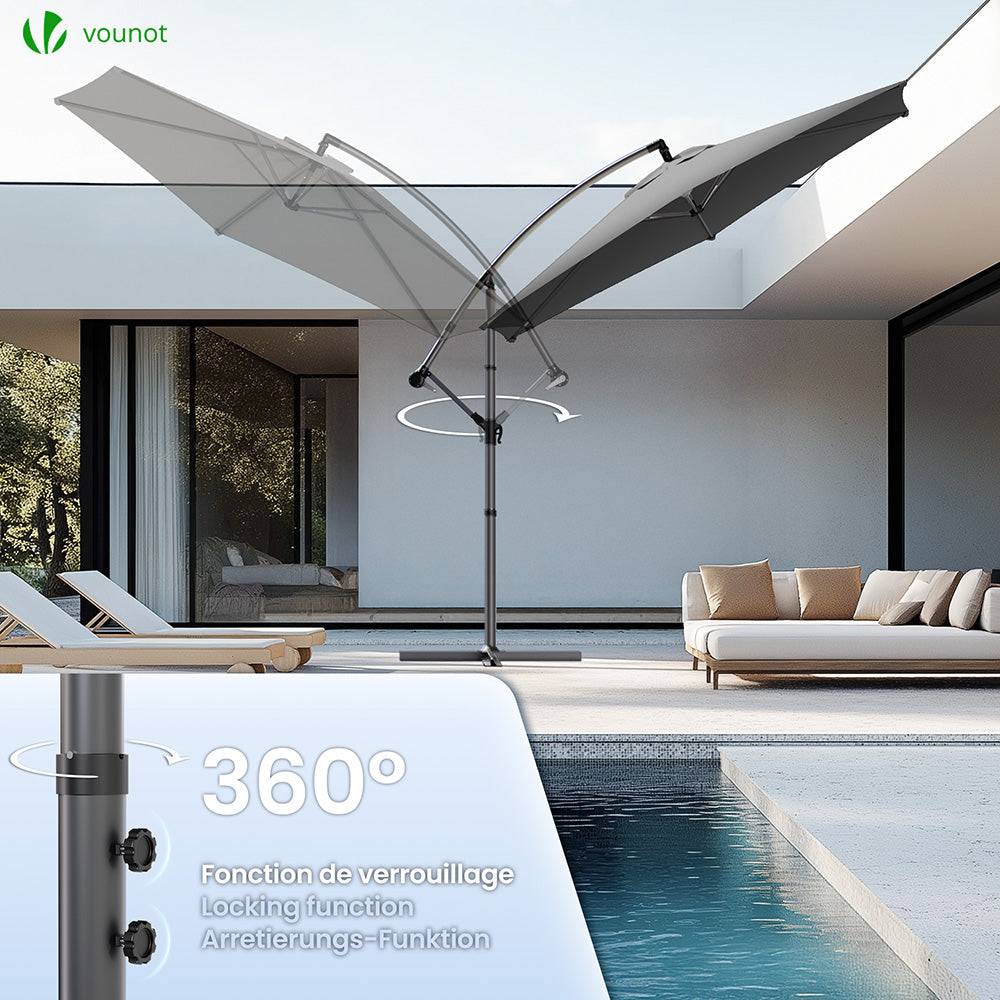Vounot - Parasol déporté inclinable 3M avec housse de protection Gris - Inclinaison réglable - Rotatif 360° - Manivelle anti-retour - VOUNOT® - Image 4