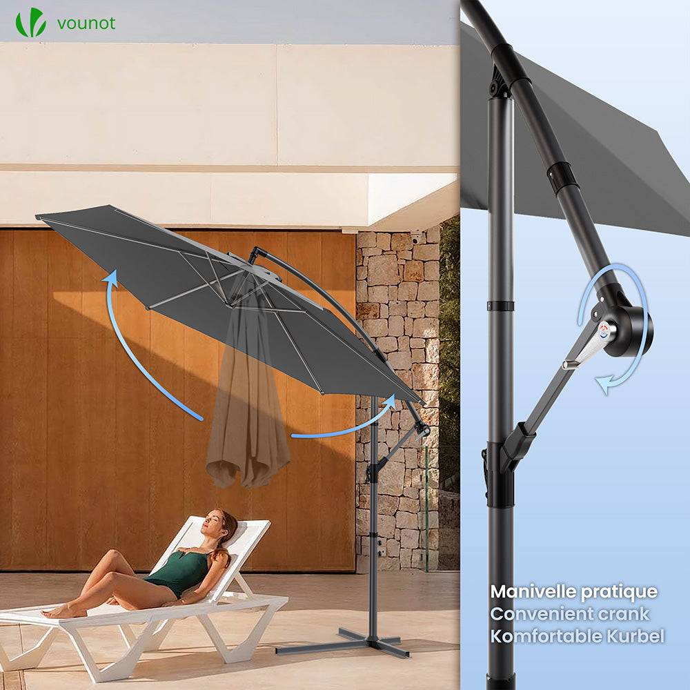 Vounot - Parasol déporté inclinable 3M avec housse de protection Gris - Inclinaison réglable - Rotatif 360° - Manivelle anti-retour - VOUNOT® - Image 5